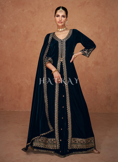 Navy Blue Slit Style Velvet Anarkali Lehenga