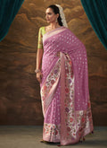 Pink And Green Floral Paithani Banarasi Dola Silk Saree