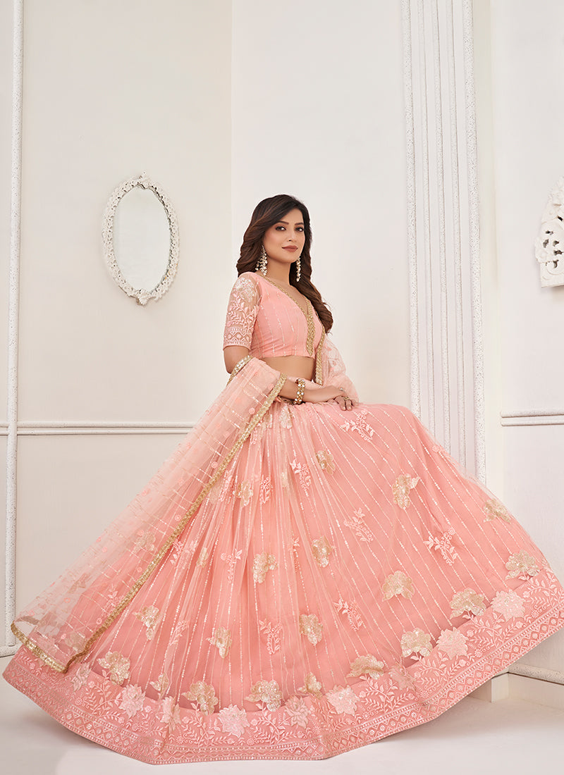 Peach Sequence Embroidery Wedding Lehenga Choli