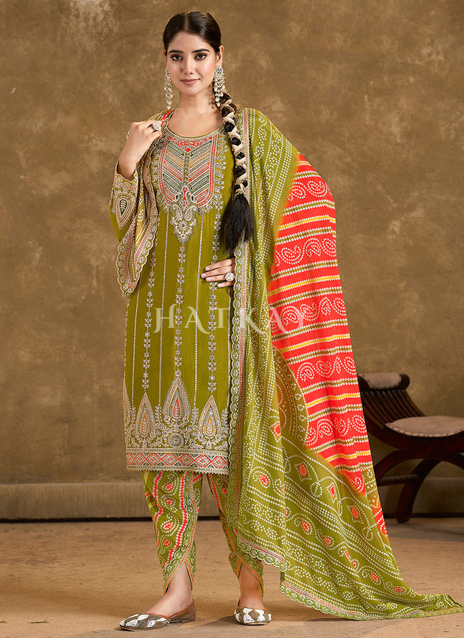Buy Lime Green Multi Embroidered Dhoti Style Suit Hatkay
