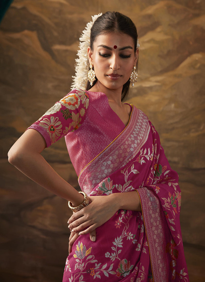 Pink Dual Tone Floral Paithani Banarasi Dola Silk Saree