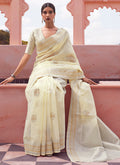 Off White Weaved Handloom Pure Linen Traditional Saree