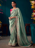Teal Blue Multi Embroidered Traditional Silk Saree