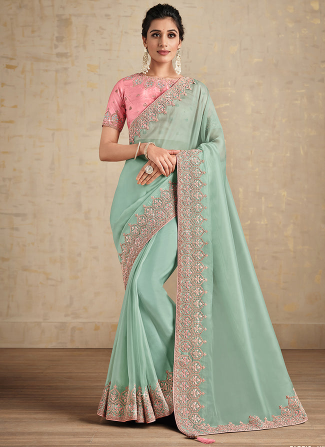 Teal And Pink Embroidered Traditional Wedding Saree