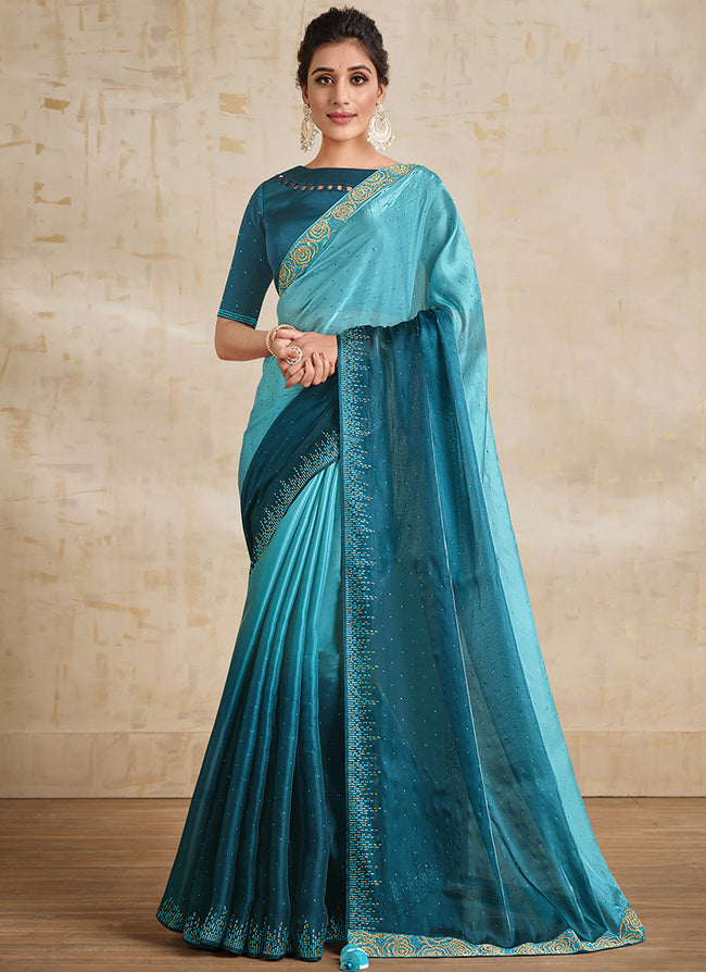 Royal Blue Embroidered Traditional Wedding Saree