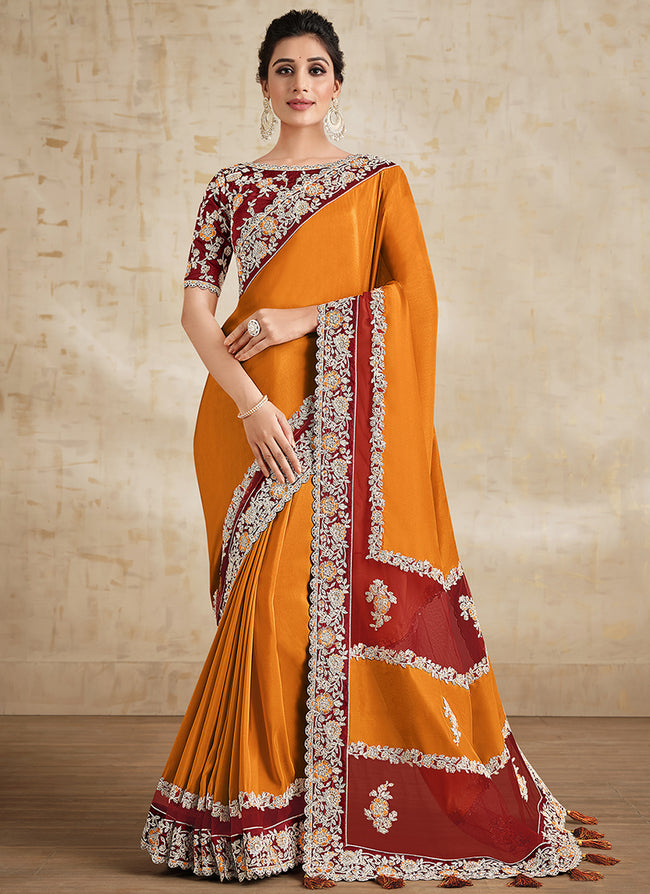 Orange And Red Embroidered Traditional Wedding Saree
