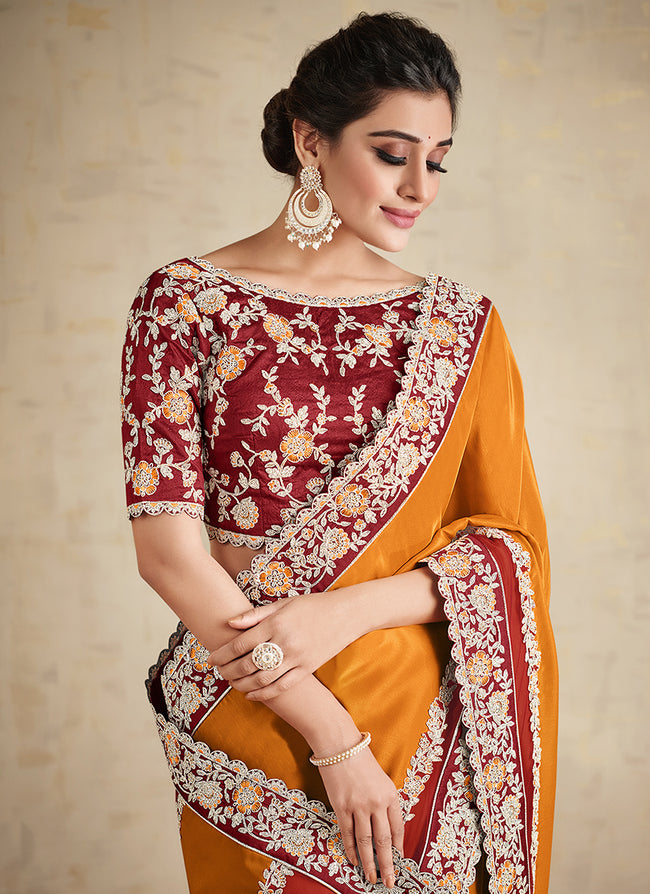 Orange And Red Embroidered Traditional Wedding Saree In USA UK Canada