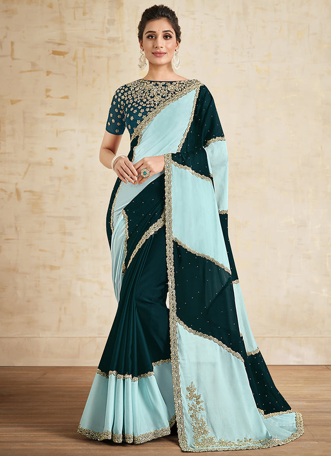 Turquoise Embroidered Traditional Wedding Saree