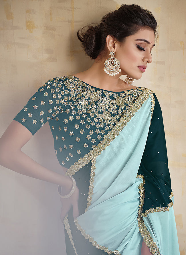 Turquoise Embroidered Traditional Wedding Saree In Australia