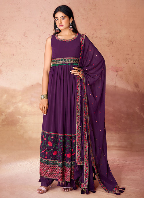 Deep Purple Multi Embroidery Traditional Anarkali Palazzo Suit
