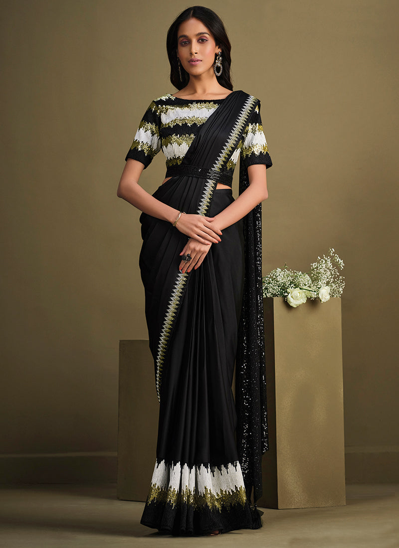 Black And White Sequence Embroidery Designer Saree