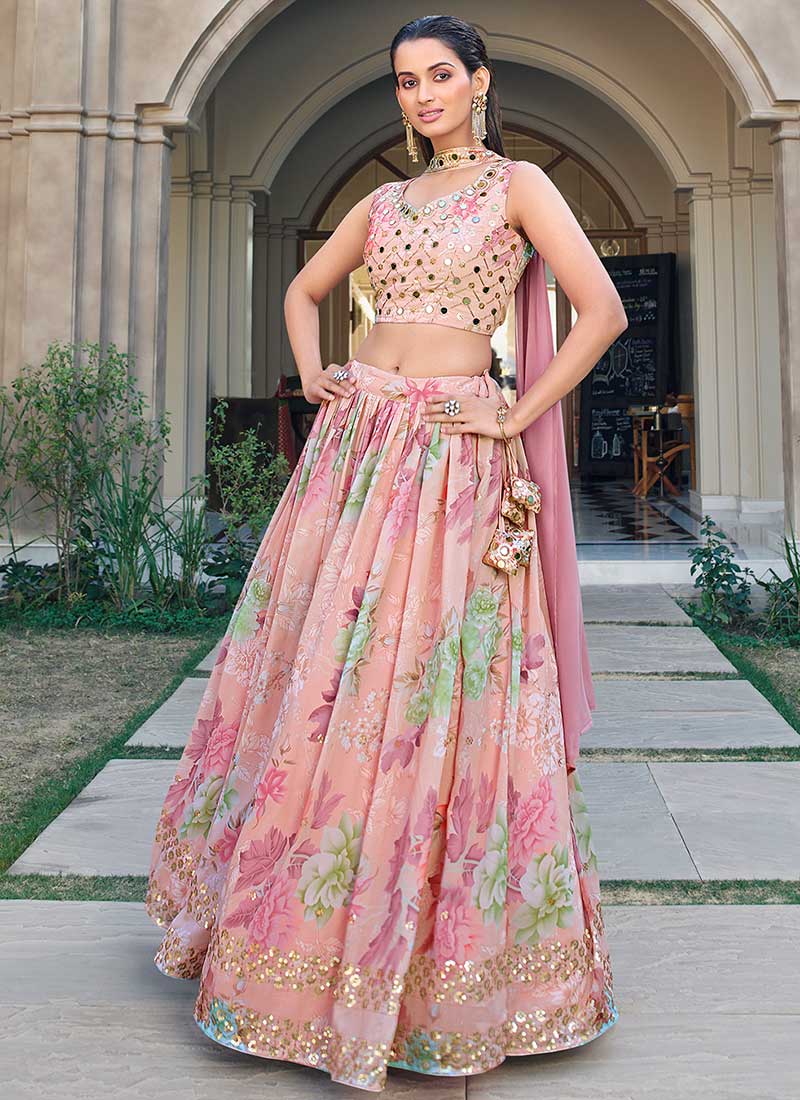 Pink Multicoloured Mirror Work Embroidery Lehenga Choli
