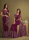 Deep Wine Sequence Embroidery Designer Saree In USA UK