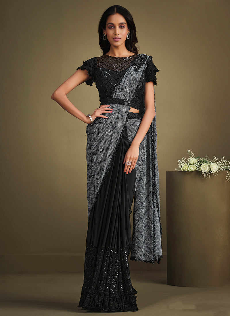 Black And Grey Sequence Embroidery Designer Saree