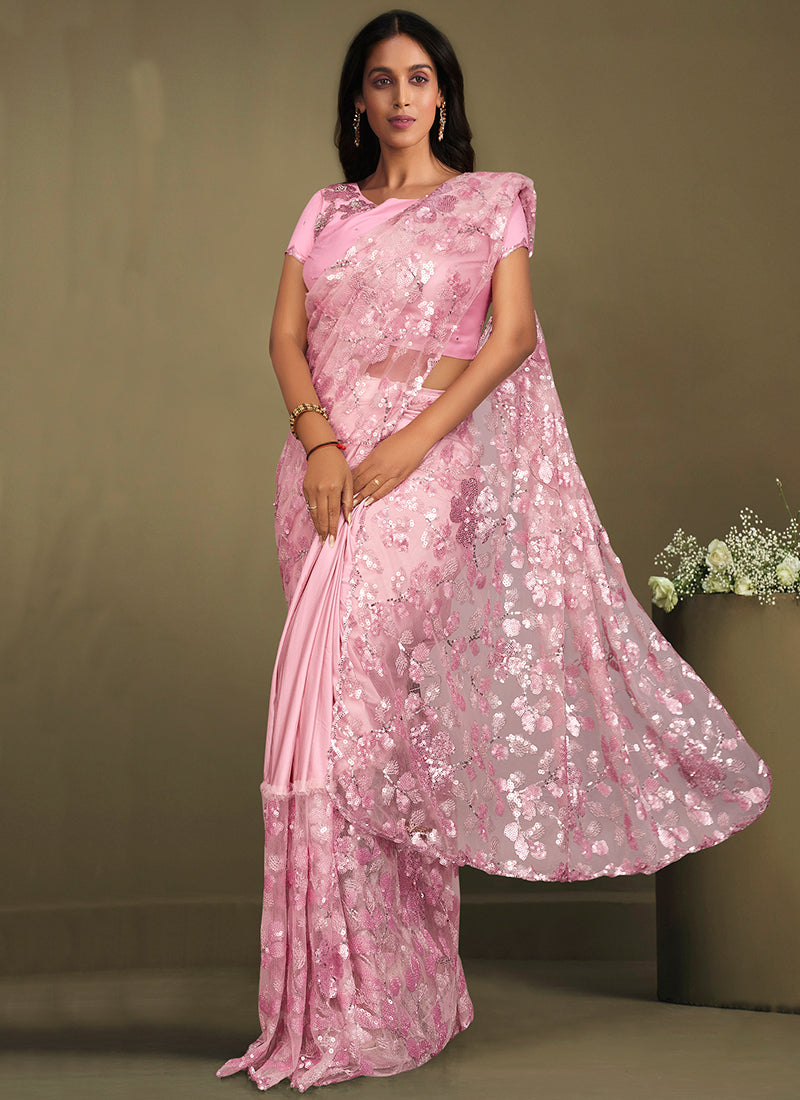 Pink Sequence Embroidery Designer Silk Saree