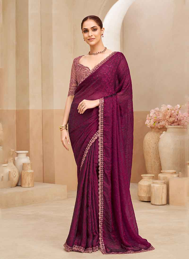 Wine Pink Embroidery Designer Saree