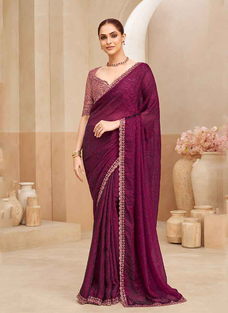 Wine Pink Embroidery Designer Saree