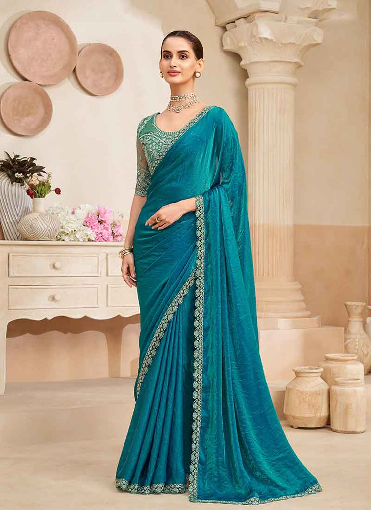 Teal Green Embroidery Designer Saree