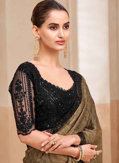 Black Olive Embroidery Designer Saree