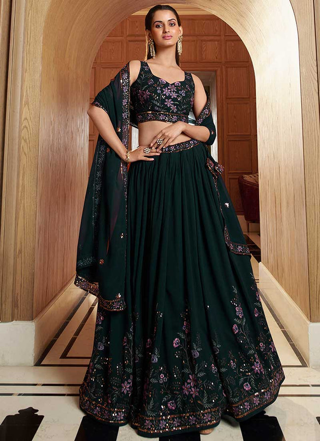 Dark Green Multi Embroidery Wedding Lehenga Choli