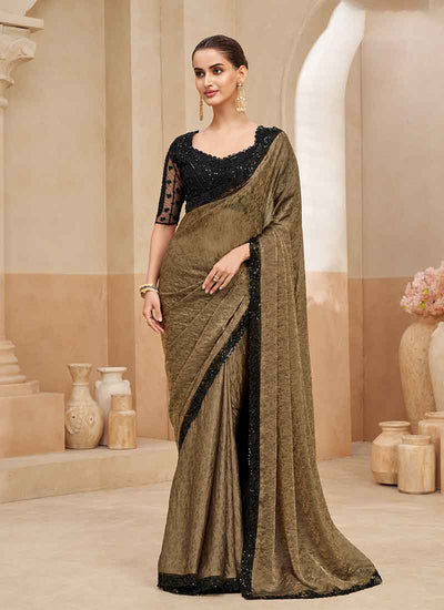 Black Olive Embroidery Designer Saree