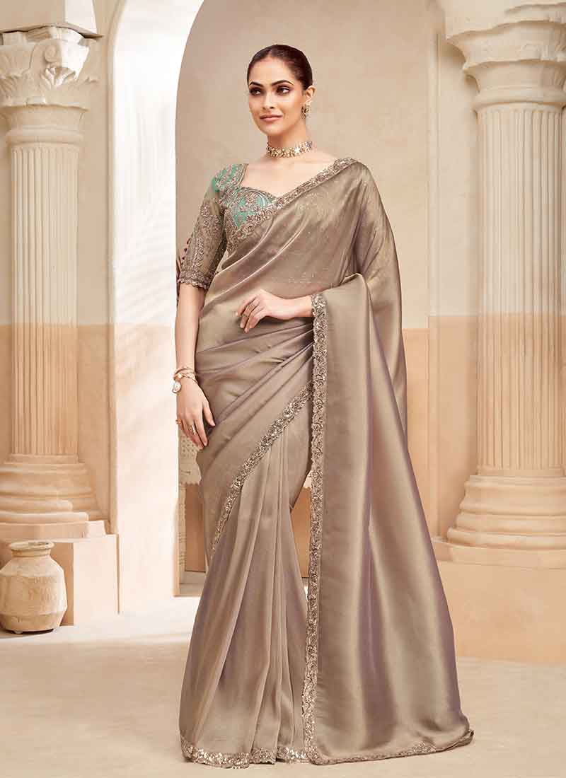 Copper Green Embroidery Designer Saree