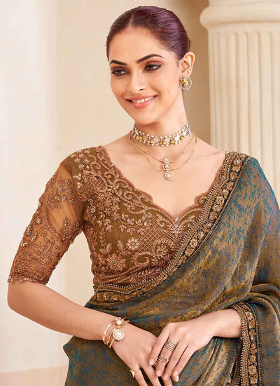 Teal Brown Embroidery Designer Saree