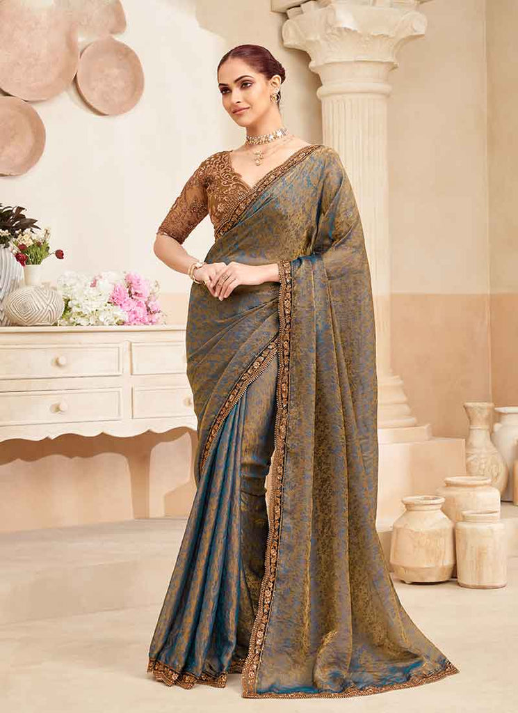 Teal Brown Embroidery Designer Saree