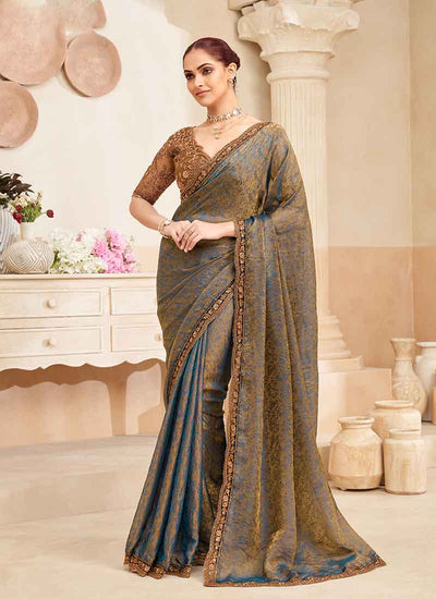 Teal Brown Embroidery Designer Saree