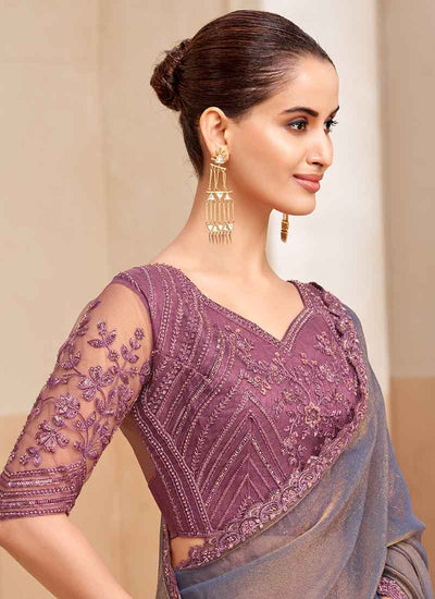 Blue Purple Embroidery Designer Saree