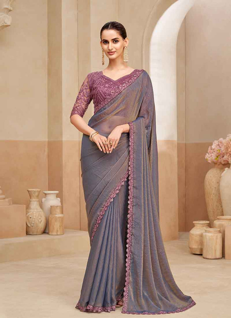 Blue Purple Embroidery Designer Saree