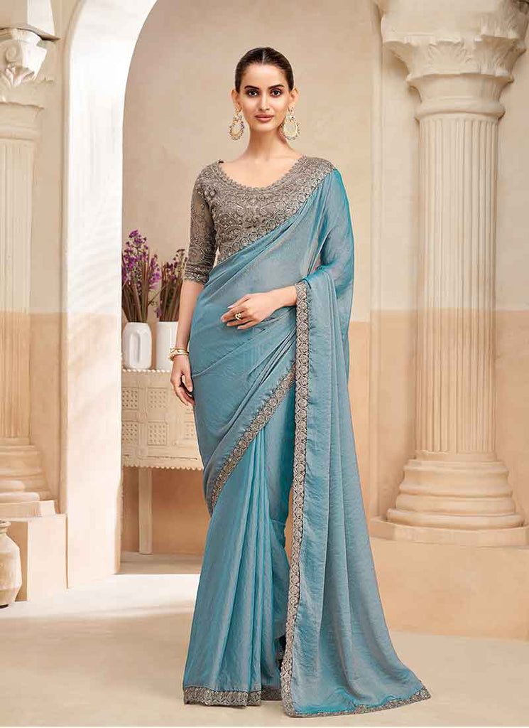 Grey Blue Embroidery Designer Saree
