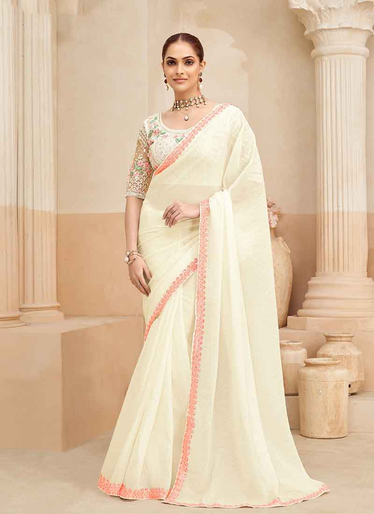 Off White Embroidery Designer Saree