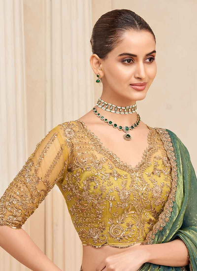 Green Yellow Embroidery Designer Saree