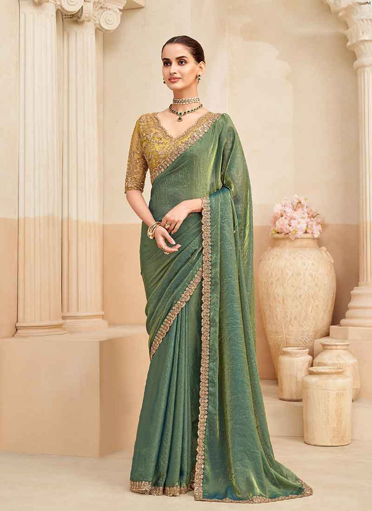 Green Yellow Embroidery Designer Saree