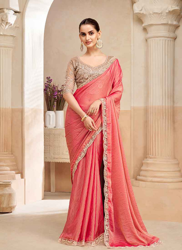 Peach Golden Embroidered Designer Saree