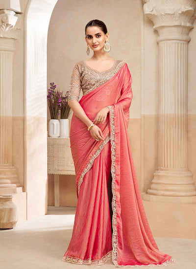 Peach Golden Embroidered Designer Saree
