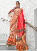 Orange And Red Digital Printed Crape Silk Saree