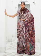 Mauve And Grey Digital Printed Crape Silk Saree