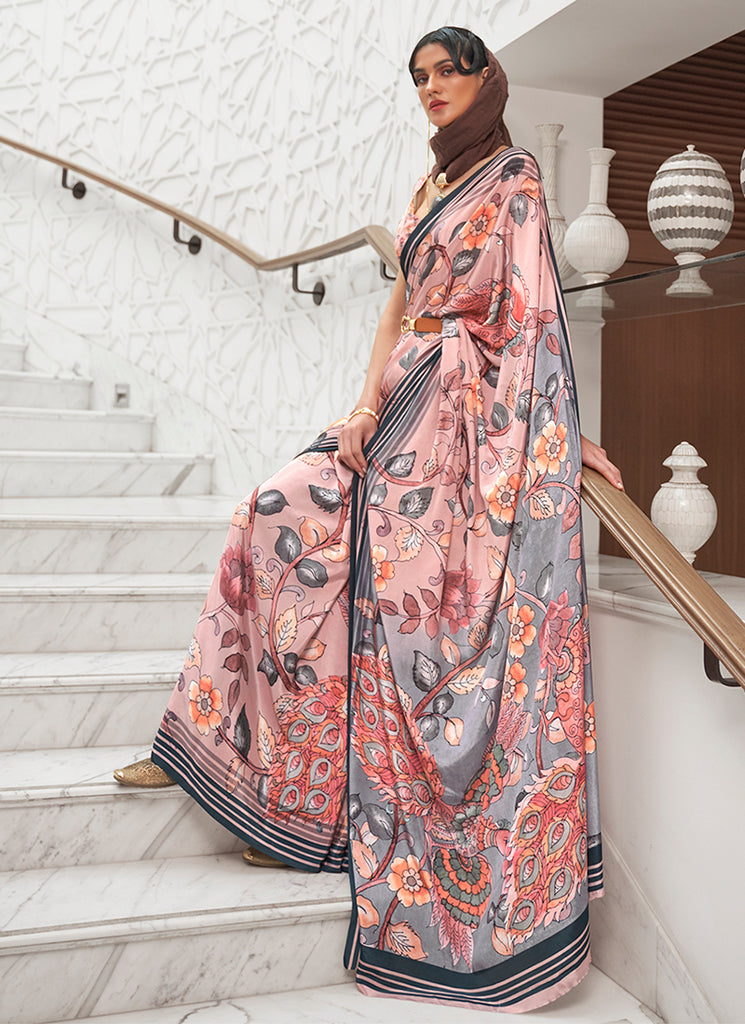 Peach Floral Digital Printed Crape Silk Saree