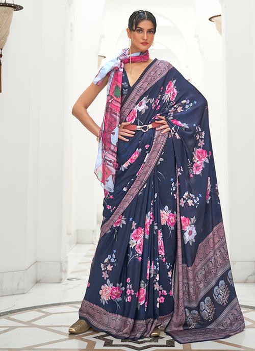 Blue Floral Digital Printed Crape Silk Saree