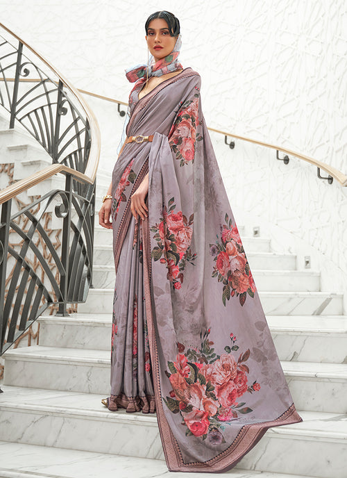 Light Grey Digital Printed Crape Silk Saree
