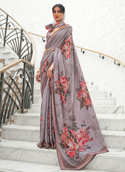 Light Grey Digital Printed Crape Silk Saree