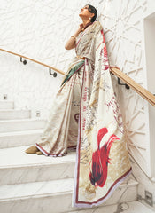 Ivory White Multicolored Digital Printed Crape Silk Saree