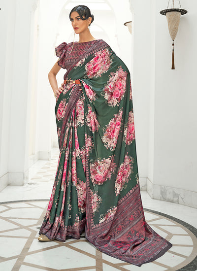 Green Floral Digital Printed Crape Silk Saree