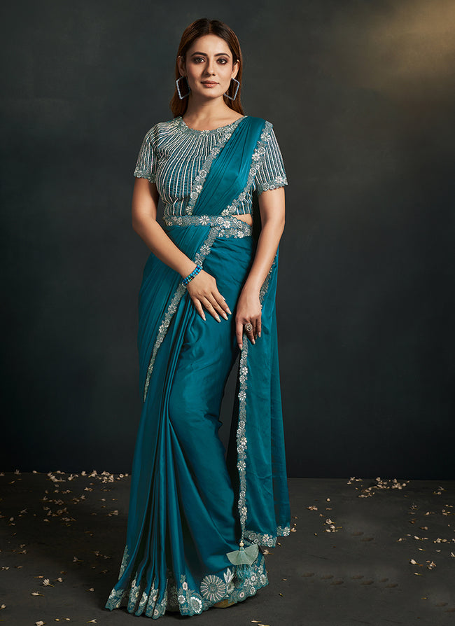 Blue Sequence Embroidery Wedding Saree With Cape