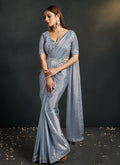 Ice Blue Sequence And Appliqué Embroidery Wedding Saree