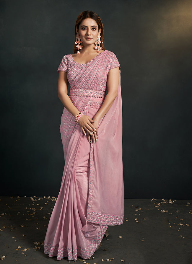Light Pink Sequence And Appliqué Embroidery Wedding Saree