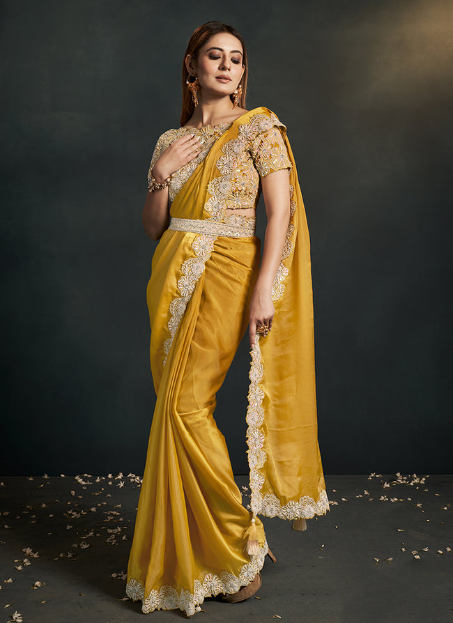 Yellow Sequence And Appliqué Embroidery Wedding Saree