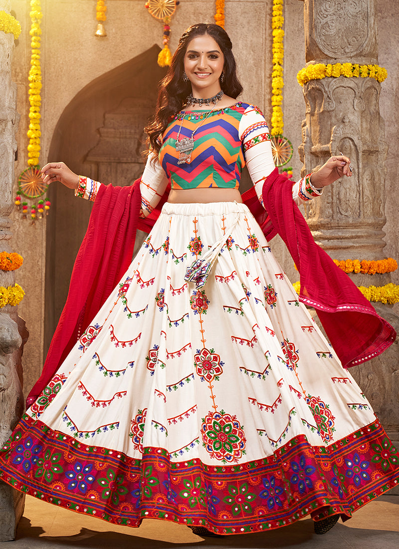 White And Red Kutchi Embroidered Rajwadi Chaniya Choli